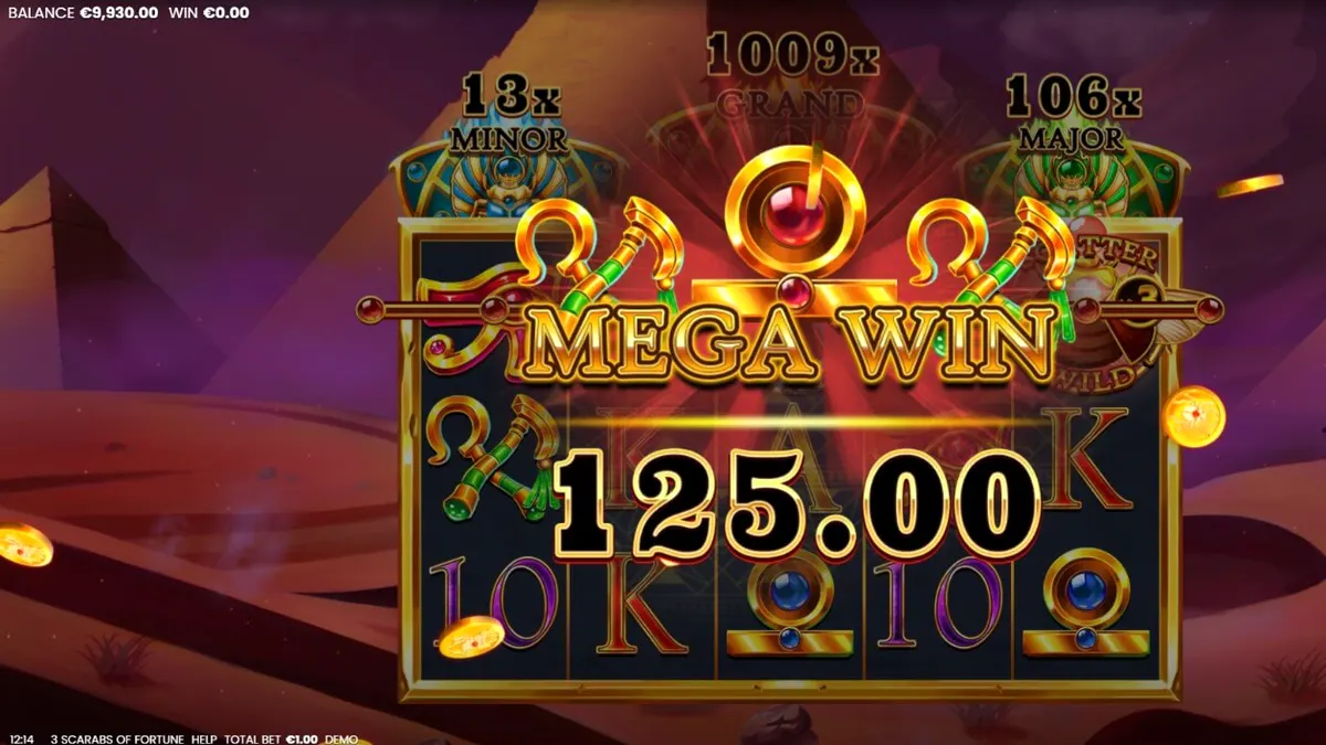 Tampilan visual slot 3 Scarabs of Fortune dengan latar belakang piramida Mesir