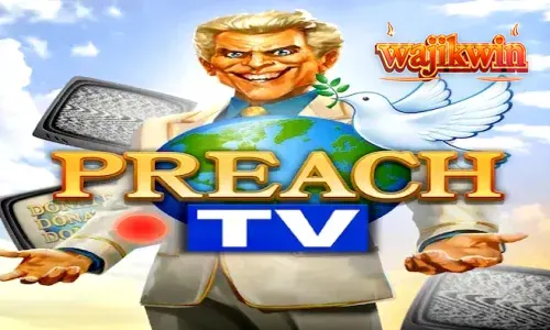 Visual retro studio TV dalam slot Preach TV dengan elemen grafis satir yang mencolok.