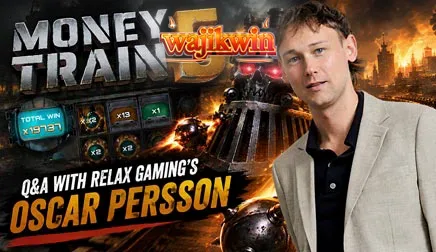 Pemandangan visual dari antarmuka permainan slot Money Train 5 yang menampilkan karakter dan elemen kereta.